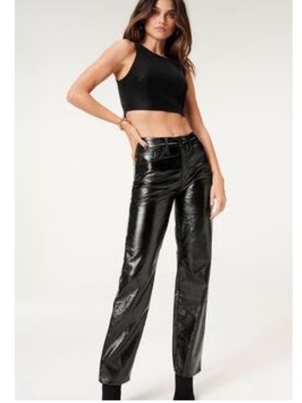 Good American GOOD CLASSIC TEXTURED VINYL PANTS Black Size 28.